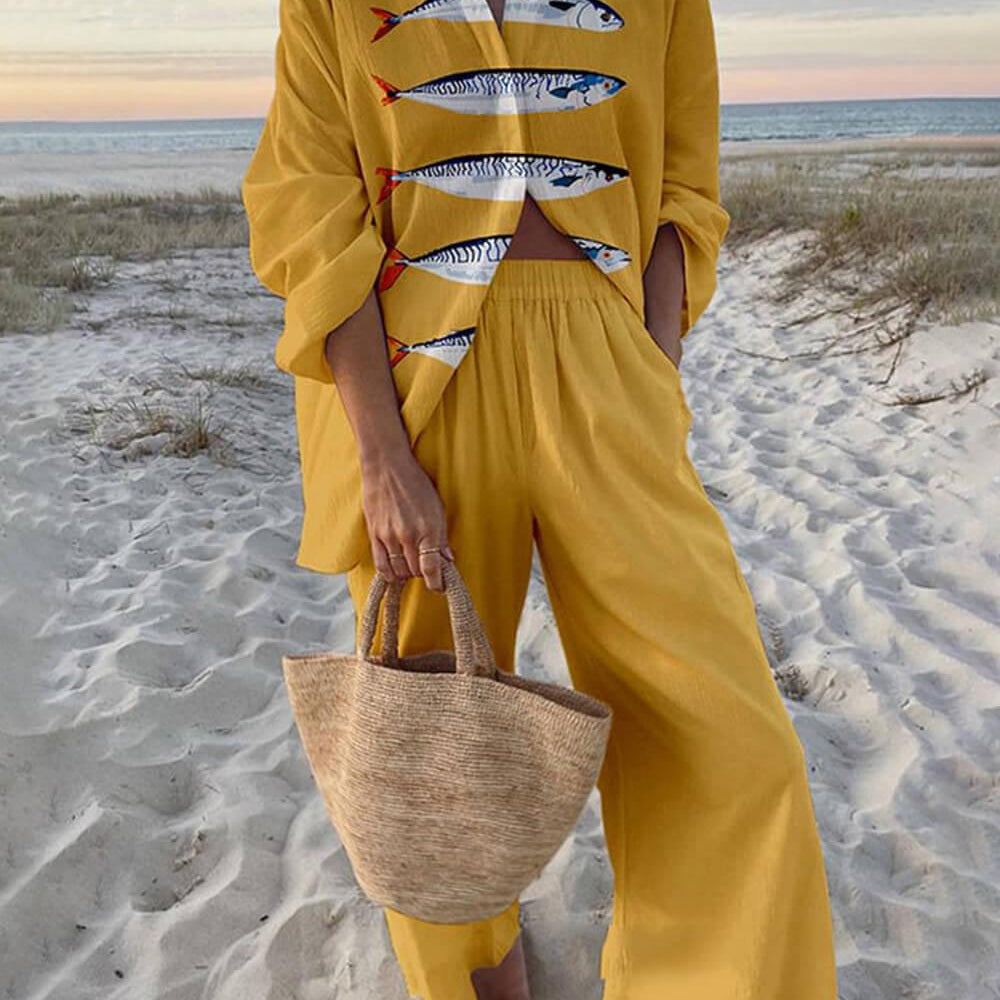 Gisella | Blusa oversize con stampa oceano stile isola e pantaloni con tasche elastiche