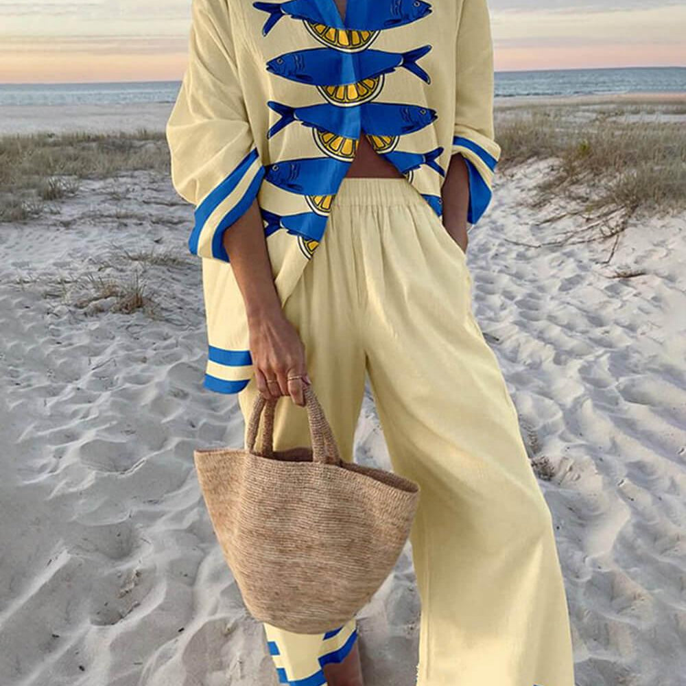Gisella | Blusa oversize con stampa oceano stile isola e pantaloni con tasche elastiche