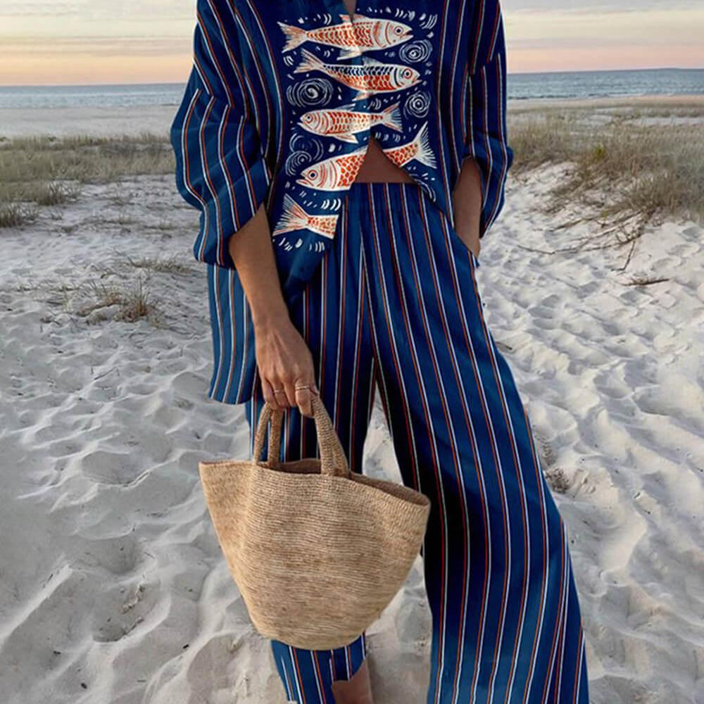 Gisella | Blusa oversize con stampa oceano stile isola e pantaloni con tasche elastiche
