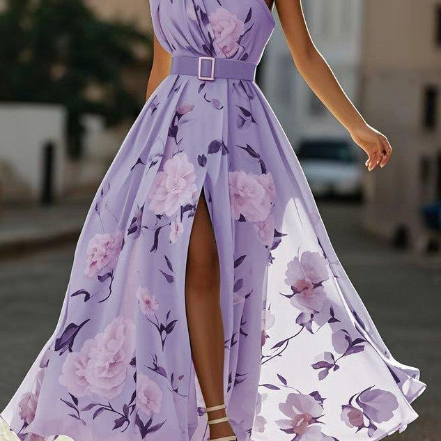 Amelia | Abito lungo in chiffon a fiori verde chiaro con spalle scoperte