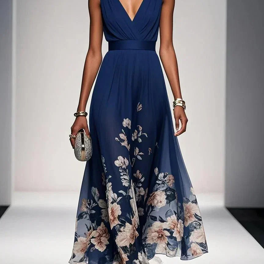 Paola | Abito lungo in chiffon con fiori azzurro e scollo a V