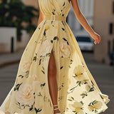 Amelia | Abito lungo in chiffon a fiori verde chiaro con spalle scoperte