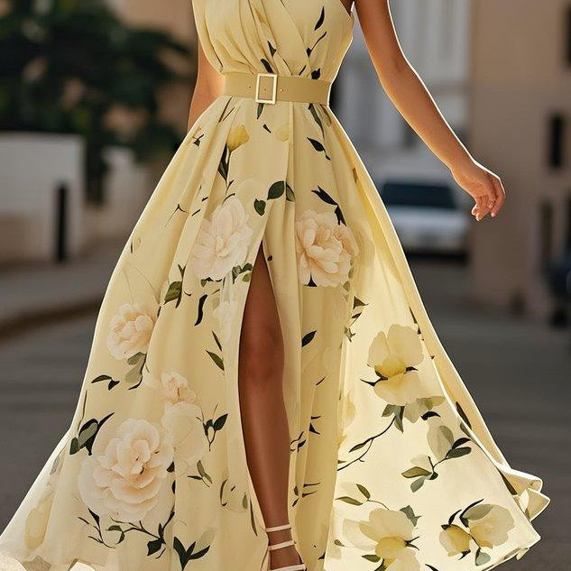 Amelia | Abito lungo in chiffon a fiori verde chiaro con spalle scoperte