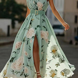 Amelia | Abito lungo in chiffon a fiori verde chiaro con spalle scoperte
