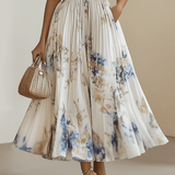 Brigida | Abito midi plissé in chiffon a fiori bianco con scollo a V