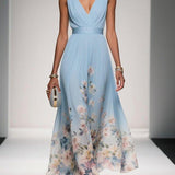Paola | Abito lungo in chiffon con fiori azzurro e scollo a V