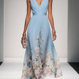 Paola | Abito lungo in chiffon con fiori azzurro e scollo a V