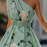 Amelia | Abito lungo in chiffon a fiori verde chiaro con spalle scoperte