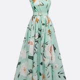 Amelia | Abito lungo in chiffon a fiori verde chiaro con spalle scoperte