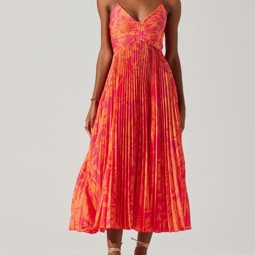 Sabina | Abito midi plissé elegante con stampa floreale chic costiera