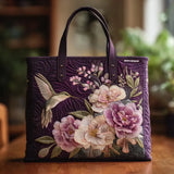 Borsa shopper trapuntata lilla con colibrì e orchidee