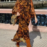Petra | Abito lungo con stampa glamour da spiaggia marrone