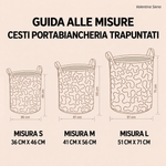Valentina Siena — guida alle misure dei cesti portabiancheria: S 36 × 46 cm, M 41 × 56 cm, L 51 × 71 cm