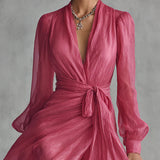Lea | Abito lungo in chiffon elegante con scollo a V e vita annodata