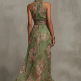 Emma | Abito lungo in chiffon a fiori verde con schiena scoperta