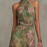 Emma | Abito lungo in chiffon a fiori verde con schiena scoperta