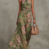 Emma | Abito lungo in chiffon a fiori verde con schiena scoperta