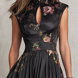 Greta | Abito midi plissé in raso a fiori nero
