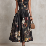 Greta | Abito midi plissé in raso a fiori nero
