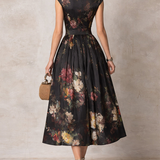Greta | Abito midi plissé in raso a fiori nero