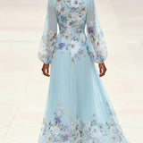 Margherita | Abito lungo in chiffon a fiori azzurro con scollo a V