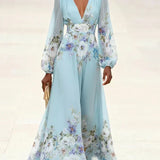Margherita | Abito lungo in chiffon a fiori azzurro con scollo a V