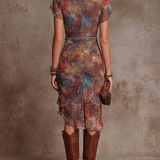 Emilia | Abito midi plissé con scollo a cuore astratto boho
