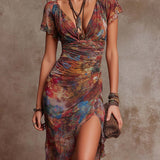 Emilia | Abito midi plissé con scollo a cuore astratto boho