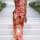 Carla | Abito lungo senza maniche in chiffon rosso a fiori