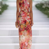 Carla | Abito lungo senza maniche in chiffon rosso a fiori