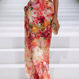 Carla | Abito lungo senza maniche in chiffon rosso a fiori