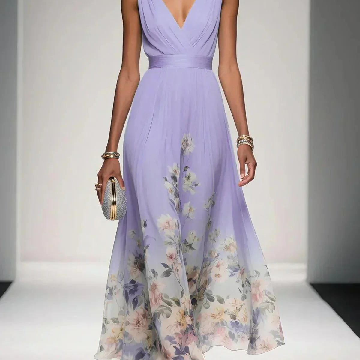 Paola | Abito lungo in chiffon con fiori azzurro e scollo a V