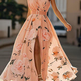 Amelia | Abito lungo in chiffon a fiori verde chiaro con spalle scoperte