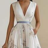 Brigida | Abito midi plissé in chiffon a fiori bianco con scollo a V