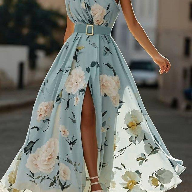 Amelia | Abito lungo in chiffon a fiori verde chiaro con spalle scoperte