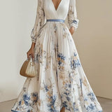 Maia | Abito lungo in chiffon a fiori bianco con maniche voluminose
