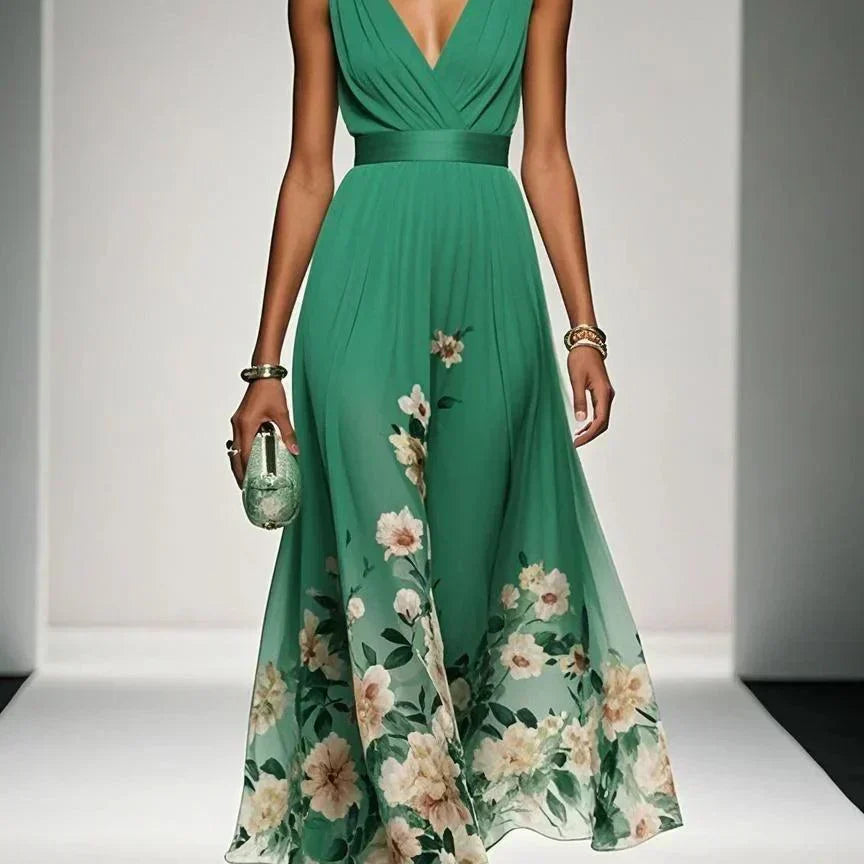 Paola | Abito lungo in chiffon con fiori azzurro e scollo a V