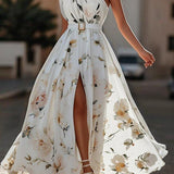 Amelia | Abito lungo in chiffon a fiori verde chiaro con spalle scoperte