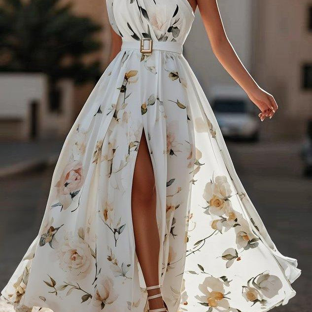 Amelia | Abito lungo in chiffon a fiori verde chiaro con spalle scoperte