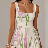 Ingrid | Abito lungo in chiffon a fiori plissé bianco