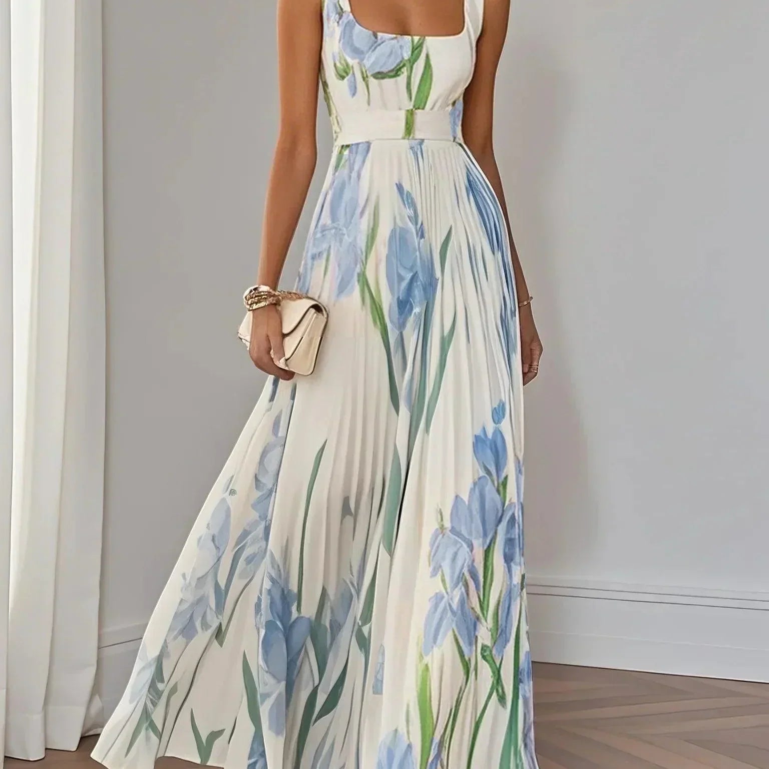 Ingrid | Abito lungo in chiffon a fiori plissé bianco