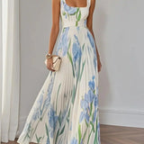 Ingrid | Abito lungo in chiffon a fiori plissé bianco