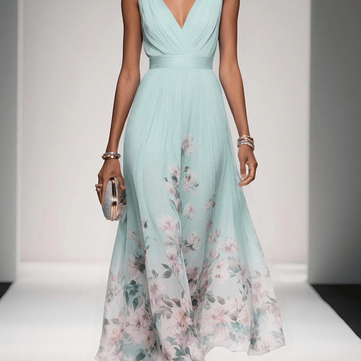 Paola | Abito lungo in chiffon con fiori azzurro e scollo a V