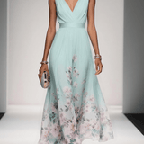 Paola | Abito lungo in chiffon con fiori azzurro e scollo a V