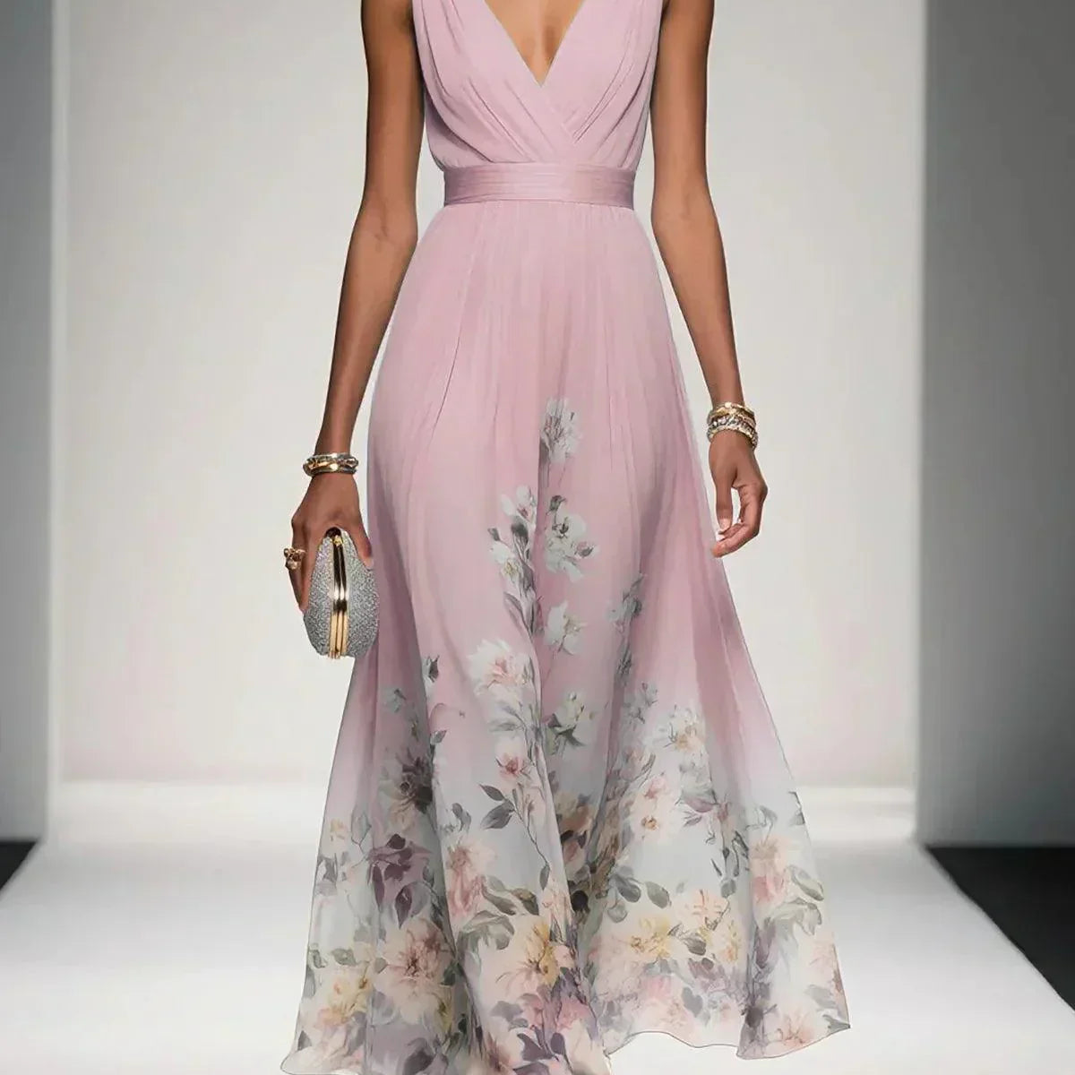 Paola | Abito lungo in chiffon con fiori azzurro e scollo a V