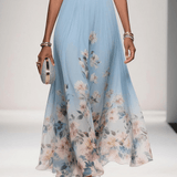 Paola | Abito lungo in chiffon con fiori azzurro e scollo a V