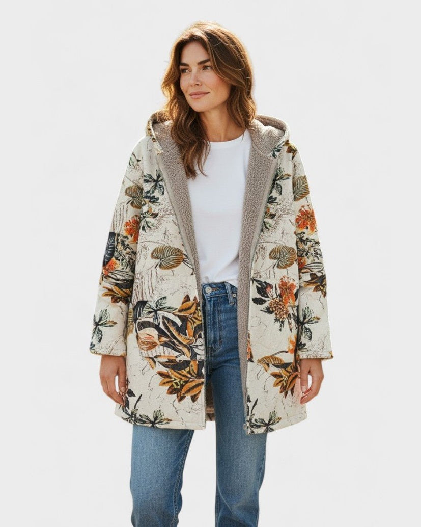 Elena | Cappotto boho in sherpa con cappuccio e fantasia floreale — 1