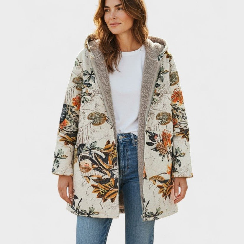 Elena | Cappotto boho in sherpa con cappuccio e fantasia floreale — 1