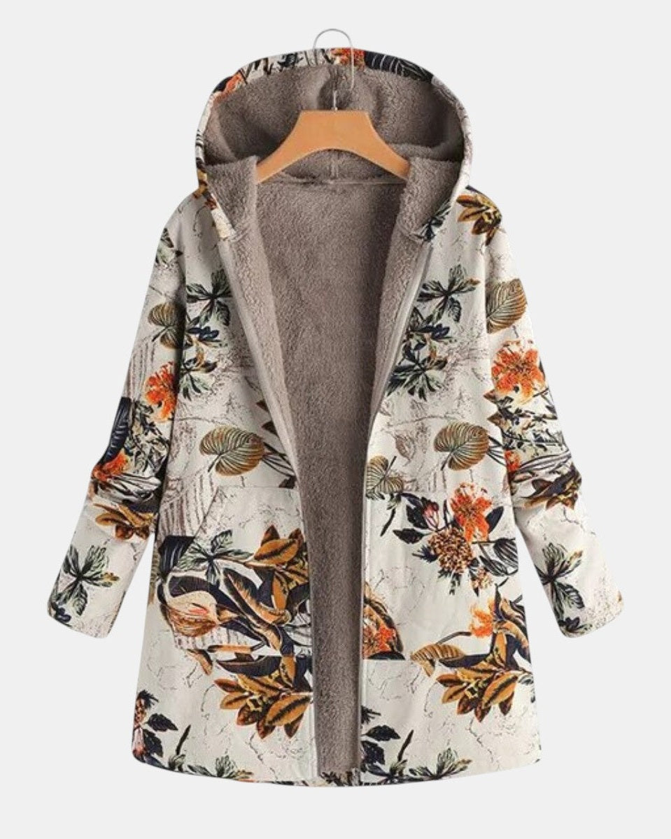 Elena | Cappotto boho in sherpa con cappuccio e fantasia floreale — 2