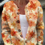 Cardigan autunnale con stampa artistica foglia d'acero e bottoni — 1